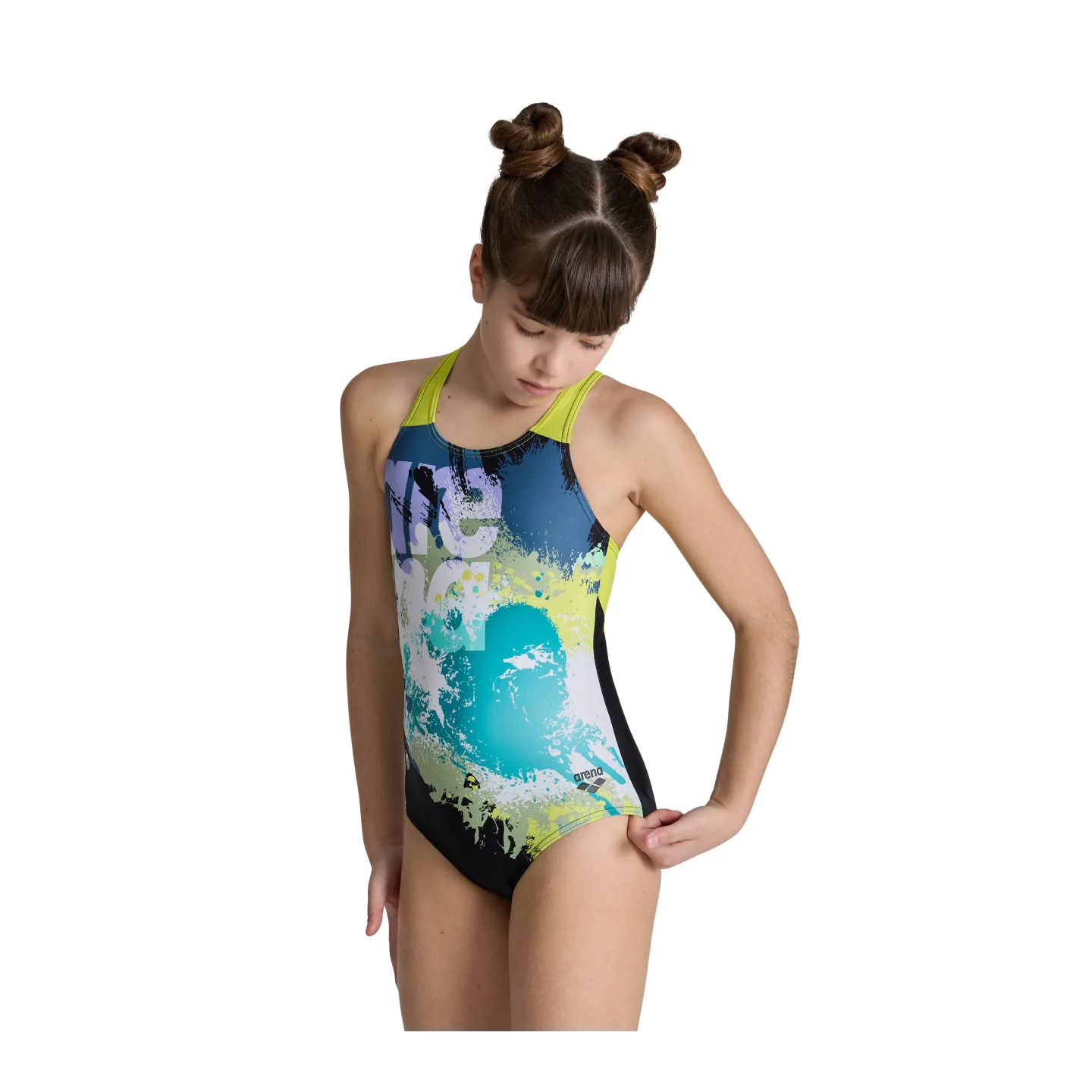 GIRL'S ARENA WAVES BREAKING SWIMSUIT V B BLACK-SOFTGREEN