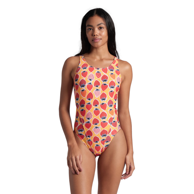 Maillot Femme ARENA STRAWBERRY SWIMSUIT SWIM TECH BACK FLUO RED ORANGE MULTI